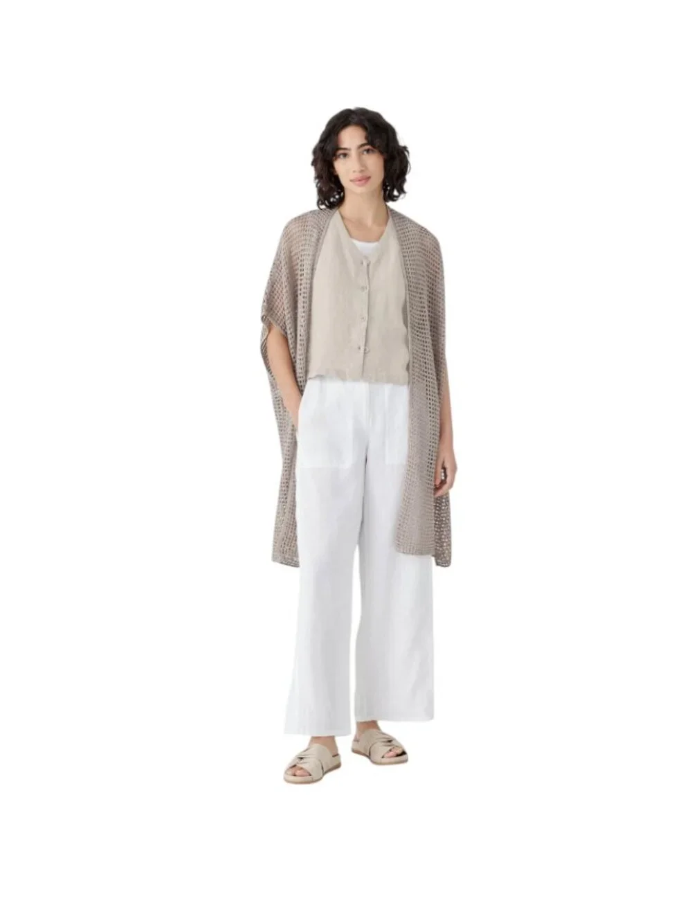 Eileen Fisher Delave Crochet Cardigan Sweater Womens XS Natural Tan Linen Knit